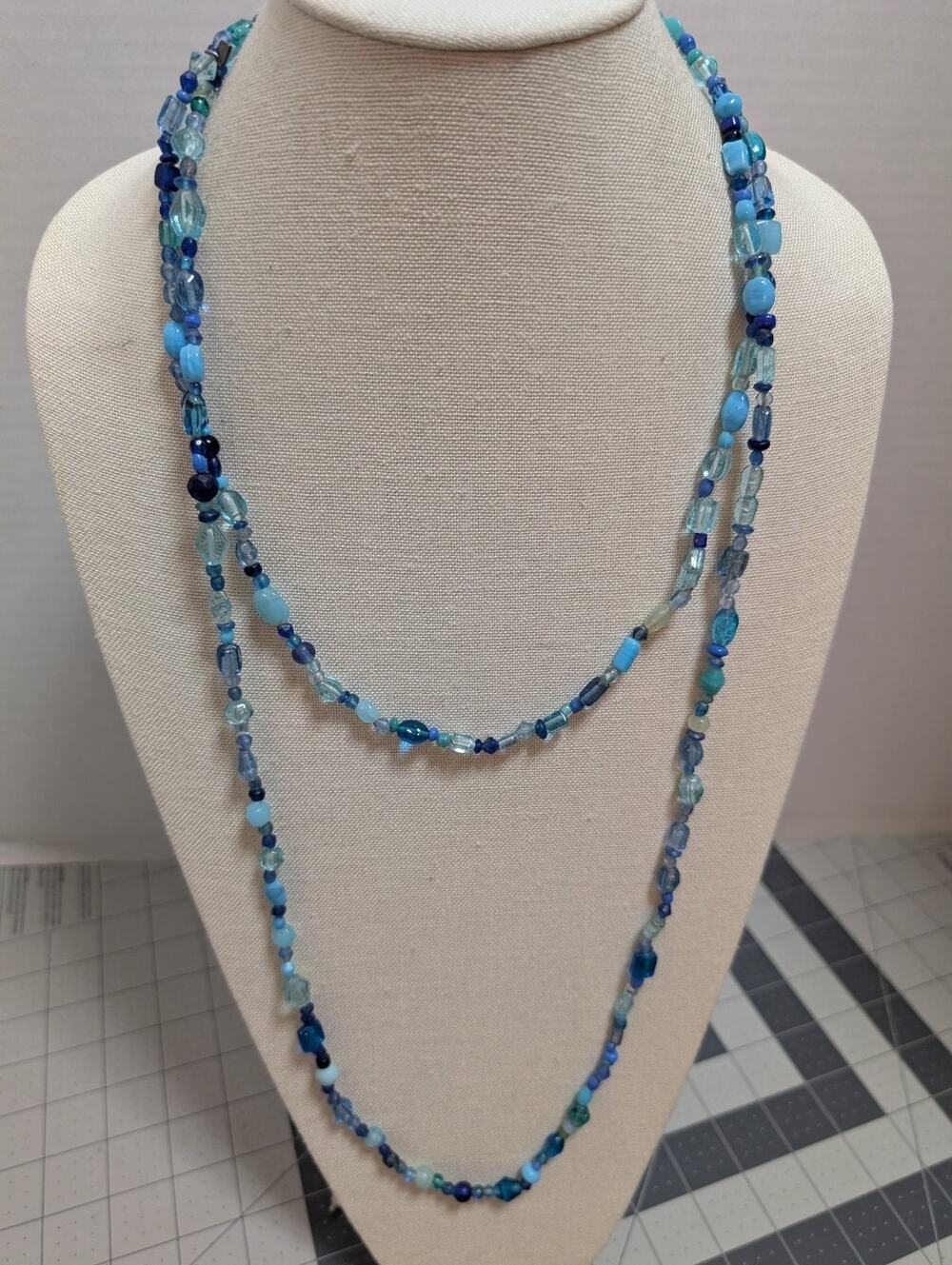 Long Blue Beaded Multi-Shade Necklace Strand Fashion Jewelry Aqua Teal Blue
